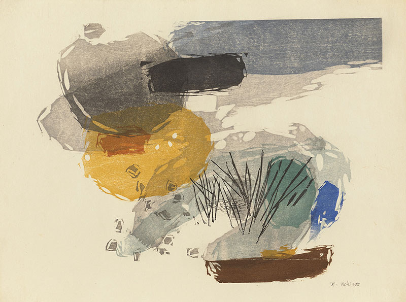 内間安瑆《流れと草》1961年 多色木版、紙 個人蔵