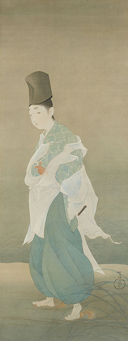 今村紫紅《笛》絹本着色・一幅　明治33年頃（c.1900）　107.8×40.5cm　東京国立近代美術館