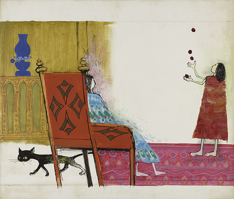 正田壤（1928-2016）太田市立新田図書館蔵『まっかっかなむすめがまどからのぞいている』絵本原画　1973年　油彩、カンヴァス　53.0×45.5cm