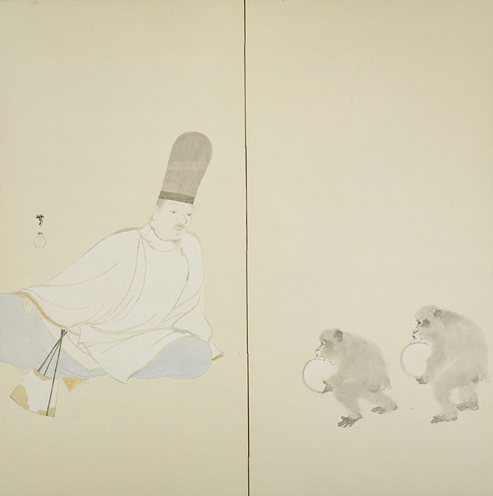 今村紫紅《鞠聖図》紙本着色・二曲屏風一隻　明治44年（1911）　147.4×145.6cm　横浜美術館