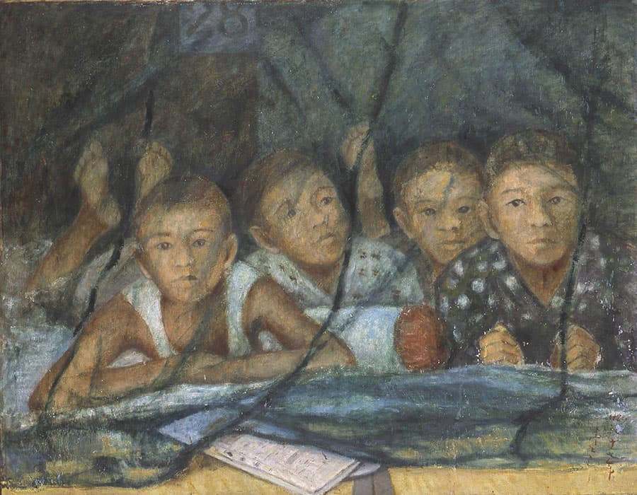 水原房次郎《夏の夜、戦果をきき入る少年達》1942 年 福岡県立美術館蔵