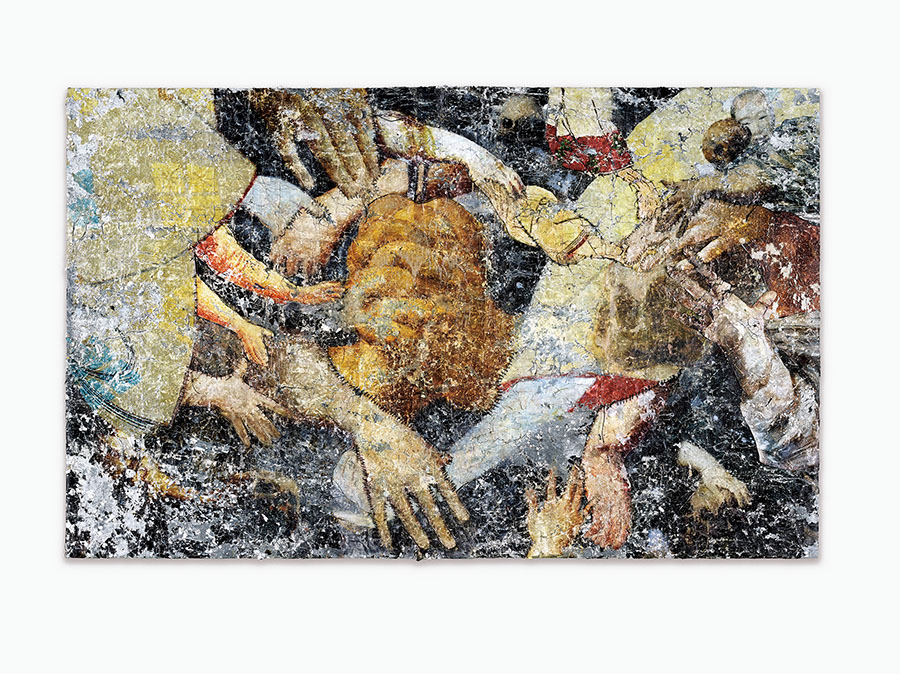 VOCA佳作賞　倉敷 安耶《手を添える》油彩、アクリルメディウム転写、糸、ニット生地、木枠　227.3×363.6×5.0㎝