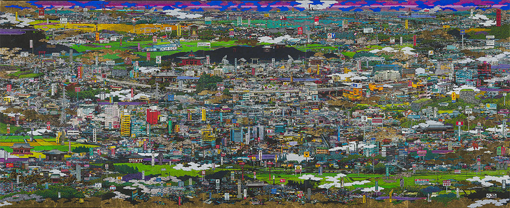 藤原泰佑（1988-）《太田市街図》2017年　アクリル、和紙、顔料、箔、パネル　186.0×455.0cm