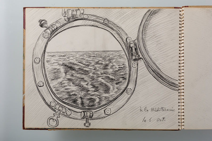 渡航中のイラストブックより　4等船室の丸窓から見た地中海 1957年10月6日