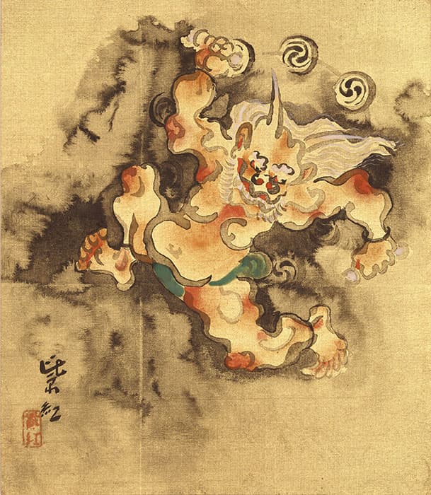 今村紫紅《雷神》紙本金地着色・色紙　大正5年（1916）　21.0×18.0cm　山口蓬春記念館