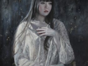 「青い夢の影」F8号、キャンバスに油彩、すず箔